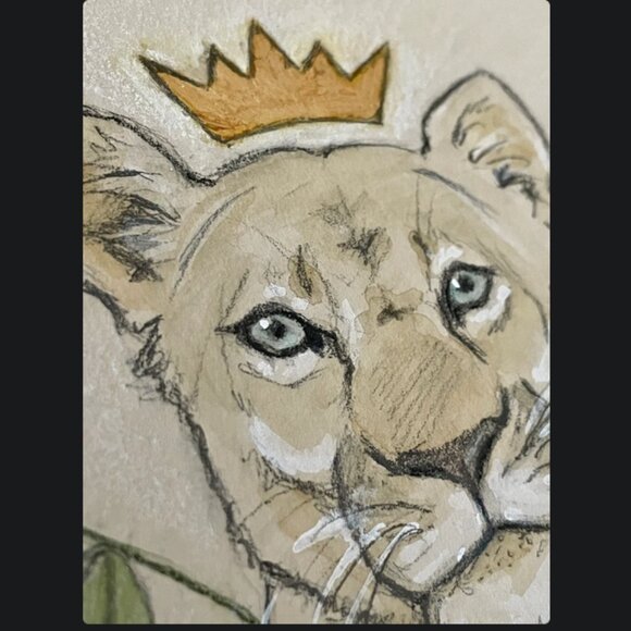 Queen Lioness 6x8 Original Watercolor Mixed Media Artwork kids room fantasy art - Picture 2 of 3